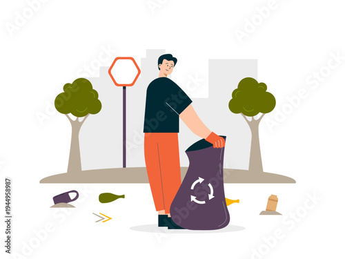 A volunteer or ecological figure who collects trash and plastic bottles into a bag with a recycling symbol. Helping people illustrations. Flat vector concepts.
