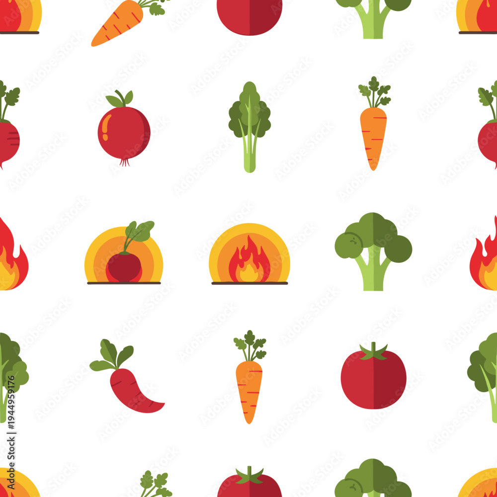 Fototapeta premium Colorful vegetable pattern with flames and plates