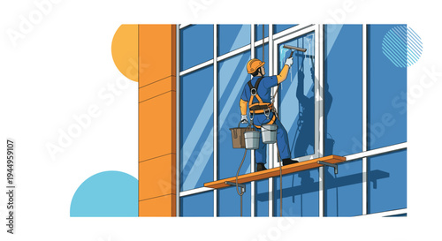 Professional window cleaner wearing safety gear and a hard hat cleans the glass facade of a modern skyscraper while standing on a scaffold.