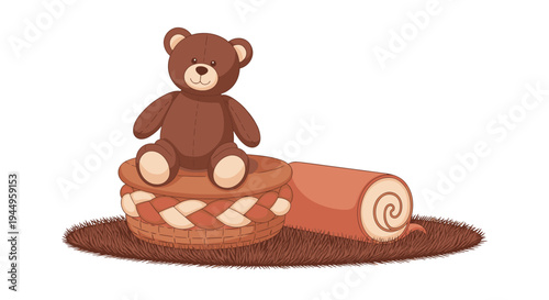 Brown teddy bear sits on top of a woven laundry basket placed next to a rolled pink rug on a brown carpet against a clean white background.