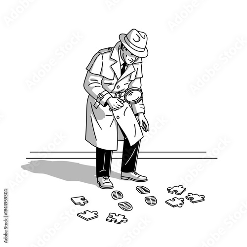 Detective examining clues in a minimalistic scene