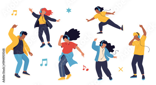 Group of young people wearing headphones dance and move to the rhythm of music in a vibrant and energetic atmosphere with musical symbols.