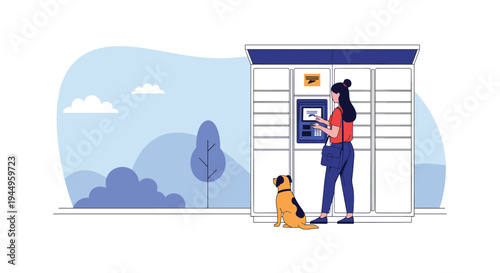 Woman stands with her pet dog at a modern automated parcel locker station to collect a package while using the digital interface screen.