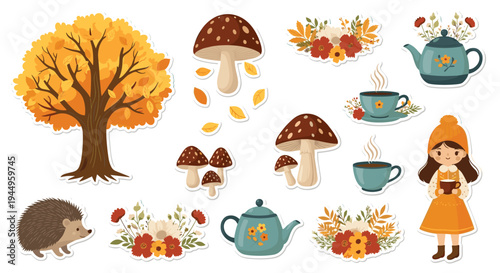 Collection of autumn themed stickers includes elements like a hedgehog, mushrooms, falling leaves, tea cups, and a girl in seasonal clothing.