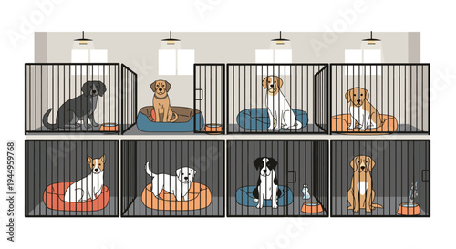 Various breeds of dogs wait patiently in individual metal cages at an animal shelter or kennel facility with clean water and soft beds provided.