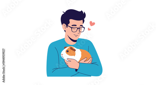 Happy man with glasses wears a blue sweater and smiles warmly while holding his pet guinea pig close to his chest with small hearts nearby.
