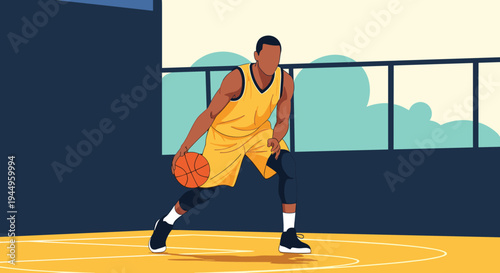 Athletic basketball player in a yellow jersey and black shorts dribbles the ball on an outdoor court with a modern urban background.