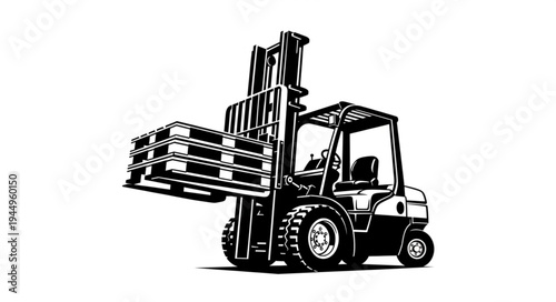 Forklift truck lifting wooden pallets in a warehouse setting.