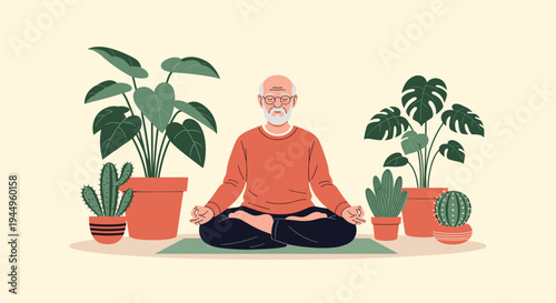 Elderly man with a gray beard sits in a meditative pose surrounded by various green potted plants to find peace and relaxation at home.