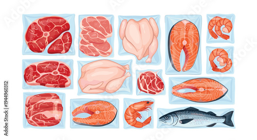 Variety of raw meat products like beef steaks, chicken, salmon fillets, and shrimp are displayed in clean plastic vacuum sealed packaging.