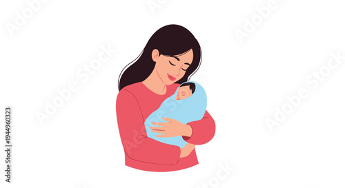 Loving mother tenderly holding her newborn baby wrapped in a soft blue blanket against a clean white background.