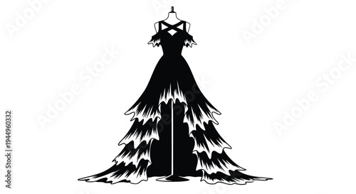 Vector illustration of a black evening gown with white accents