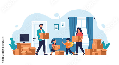 Happy family with two young children carrying cardboard boxes while moving into their new home in a bright living room.