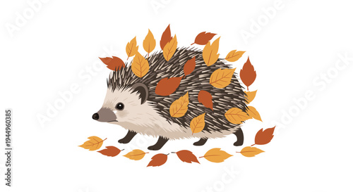 Cute hedgehog walking through fallen autumn leaves with several colorful leaves stuck to its spines on a white background.