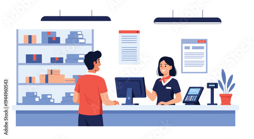 Male customer interacting with a friendly female clerk behind a modern service counter in a warehouse or retail store.