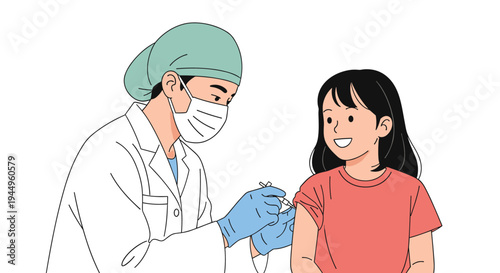Professional medical doctor in protective gear carefully administering a vaccine injection to a brave young girl.