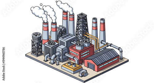Industrial Factory Complex with Smoking Chimneys and Buildings.