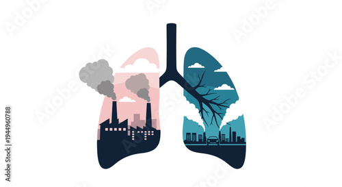 Conceptual illustration of human lungs depicting the impact of industrial pollution and urban smog on respiratory health.
