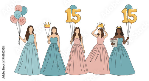 Group of five diverse young women wearing elegant gowns while celebrating their fifteenth birthday with balloons and crowns.