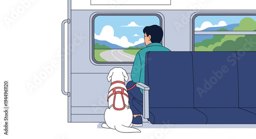 Man sitting on a passenger train with his white guide dog beside him while looking at the beautiful scenic landscape outside the window.