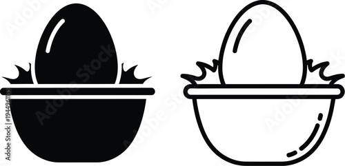Black and white egg icons in bowls with flames Vector