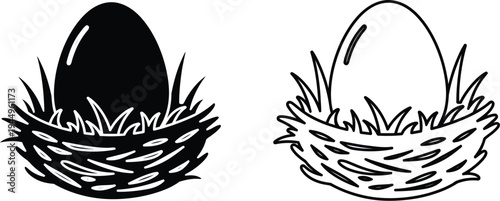 Black and white eggs in nests with grass Vector
