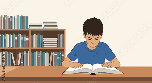 Young student sitting at a wooden desk and focused on reading an open book in a library or room with bookshelves filled with various books.