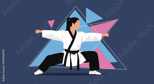 Focused female martial artist in a white karate uniform and black belt performing a powerful stance against a geometric abstract background.