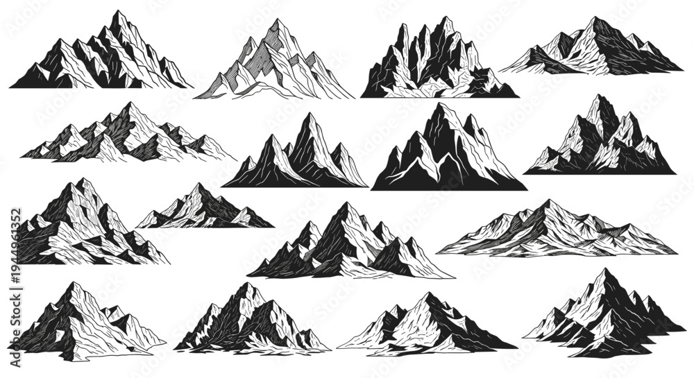 Fototapeta premium Comprehensive collection of hand-drawn mountain peaks and rocky ranges in a classic black and white engraved illustration style.