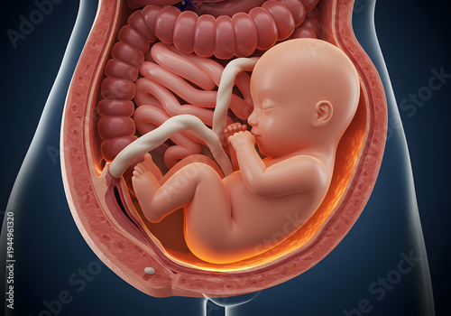Fetus inside pregnant woman medical illustration