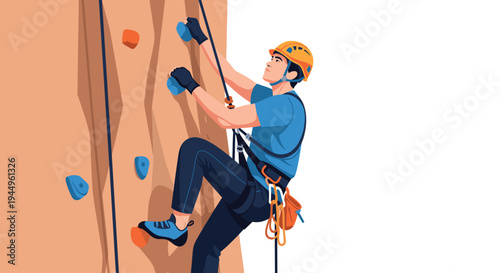 Athletic man with a helmet and safety harness climbing an indoor rock wall using colorful holds against a plain white background.