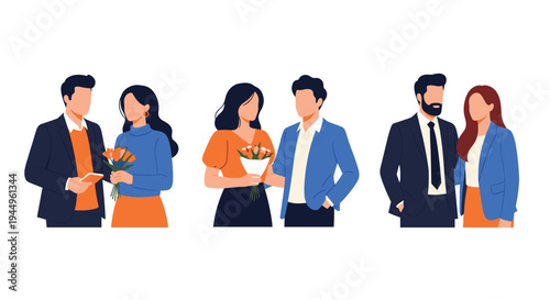 Group of three diverse couples dressed in stylish professional and casual outfits standing together in various romantic and friendly poses.