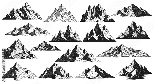 Comprehensive collection of hand-drawn mountain peaks and rocky ranges in a classic black and white engraved illustration style.