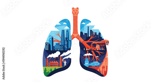 Creative illustration of human lungs containing a mix of polluted industrial cities and clean green nature to represent environmental health.