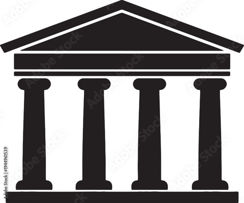 Classical building with columns, temple or courthouse icon, symbol of justice, government, or history, black silhouette, black and white