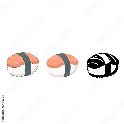 Japanese sushi nigiri set illustration featuring salmon sushi, tuna sushi and seaweed sushi. Simple flat vector style with clean outline, perfect for restaurant menu, food design, and Japanese cuisine