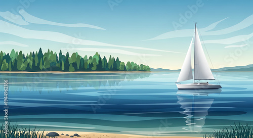Sailboat on calm lake with trees in background