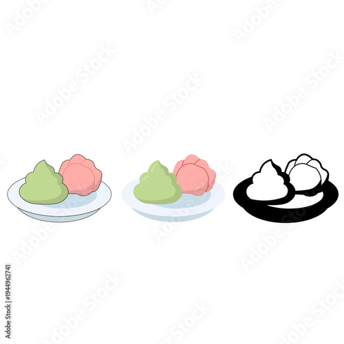 Japanese dessert illustration set featuring colorful mochi sweets. Cute flat vector style perfect for Asian dessert themes, cafe menus, and food illustrations.