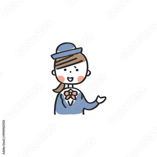 片手で案内するバスガイドの女性