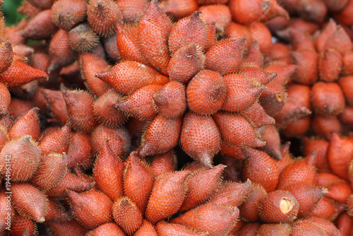 Close-up of fresh salak (snake fruit), a rare tropical Southeast Asian fruit with reddish-brown scaly skin, commonly sold in local markets and known for its sweet, crisp taste.