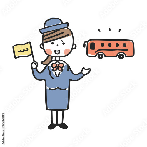 バスへ案内するバスガイドの女性＿全身