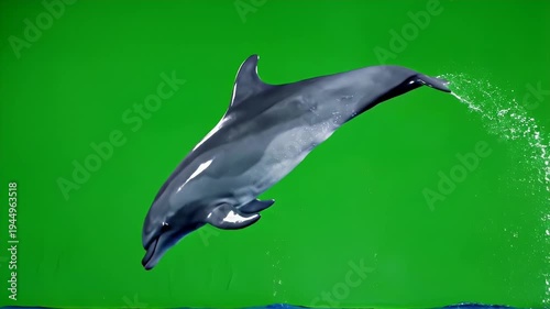 Dolphin Leaping on Green Screen - A dolphin jumps out of the water in front of a green screen backdrop. The aquatic mammal is captured mid-air with water splashing around it.