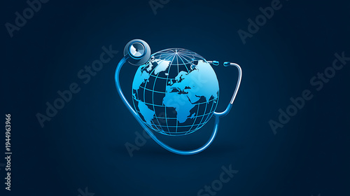 Blue globe with stethoscope symbolizing health care