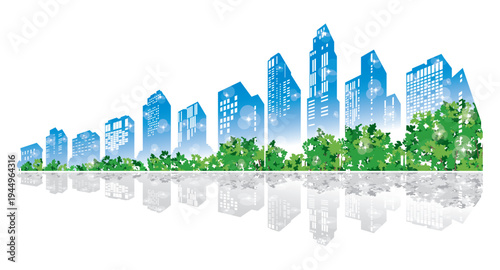 緑豊かな爽やかな街並みイラスト. 