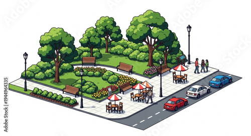 Isometric park scene with trees benches and people enjoying leisure time.