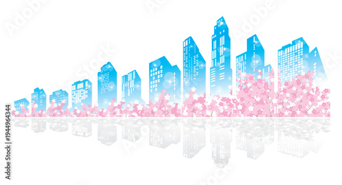 桜が咲く春の街並みイラスト. 