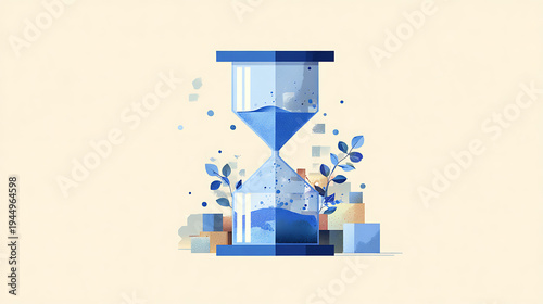 Blue hourglass surrounded by geometric shapes and nature