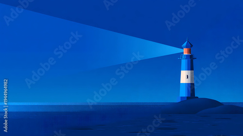 Blue Lighthouse Illuminating Calm Ocean at Night