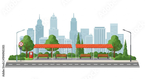 Cityscape with Bus Stop and Green Trees.