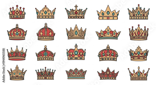 Collection of ornate royal crowns and tiaras.